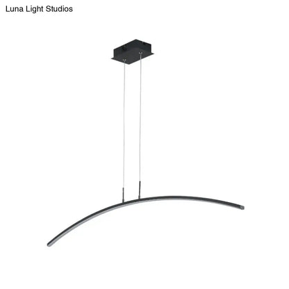 DecorBites modern black white arch pendant light with curved acrylic LED and warm white glow on slim hanging cables