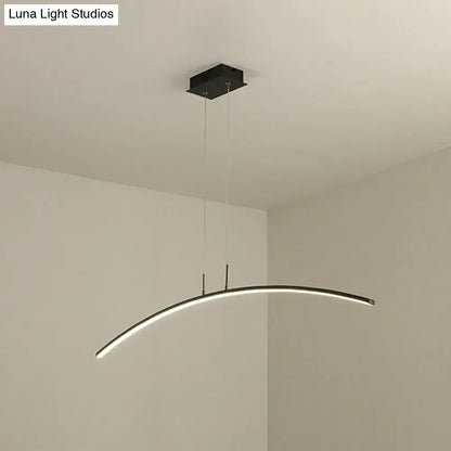 Modern black white curved led pendant light with acrylic led and warm white glow in a sleek black white arch design