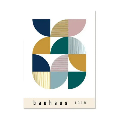 Decorbites modern black and white bauhaus canvas print featuring a geometric design with navy blue, mustard, teal, and pink colors