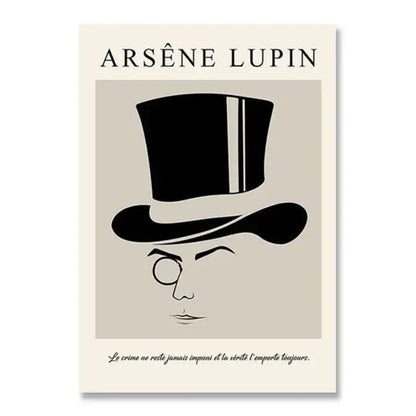 Beige canvas print featuring a black silhouette of arsène lupin with top hat and monocle in white bauhaus style