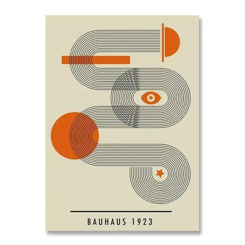 Beige décor poster of a white bauhaus canvas print featuring orange and black geometric shapes and stylized eye motifs