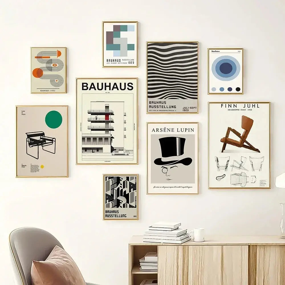 A collection of framed beige and teal modernist bauhaus canvas prints featuring minimalist designs by decorbites