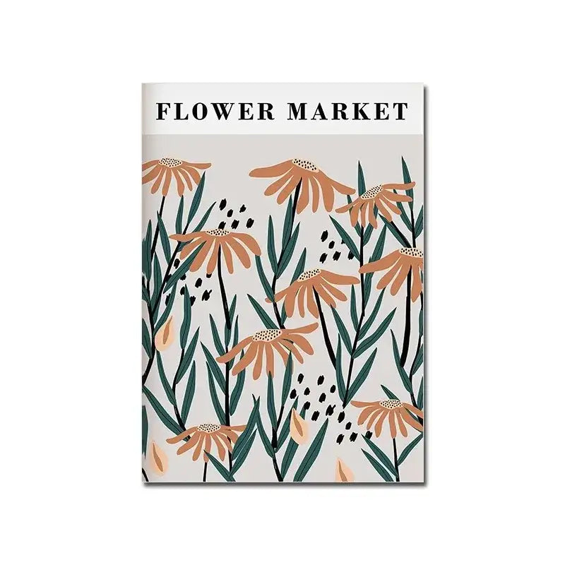 Decorbites™ modern black and white bauhaus canvas print featuring a floral-patterned notebook with orange daisies and title flower market