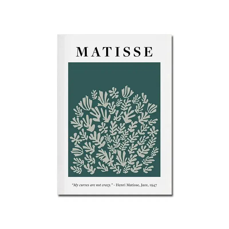 White bauhaus canvas print featuring matisse cut-out design in light gray on deep teal background with artist name and quote