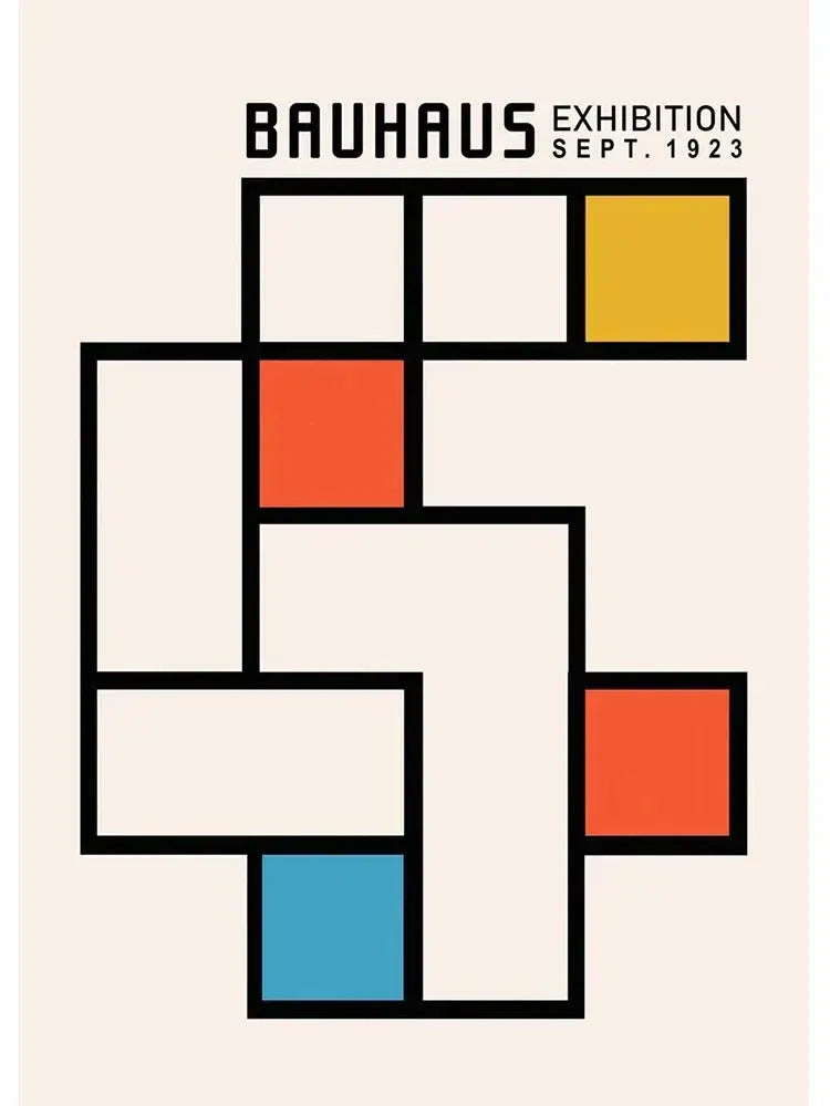 Decorbites™ modern black and white bauhaus canvas print featuring bold black lines framing colorful squares on cream background