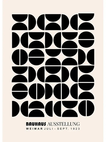 Decorbites™ modern black and white bauhaus canvas print featuring geometric half and full circles on beige background