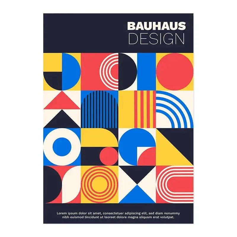Decorbites™ modern black and white bauhaus canvas print featuring vibrant geometric red blue yellow and black shapes on white background