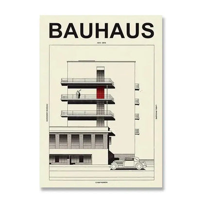 DecorBites modern black and white bauhaus canvas print with bold lines and a red door on a cream background ideal for modernism exhibition canvas