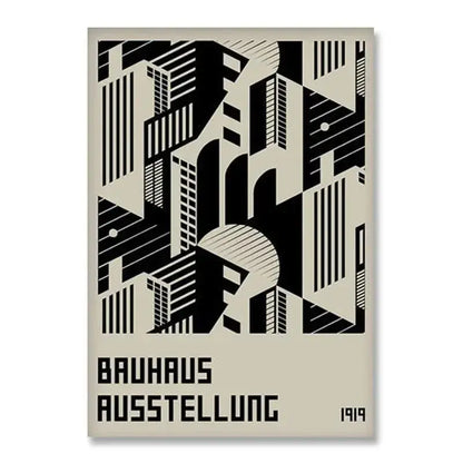 Decorbites™ modern black and white bauhaus canvas print featuring minimalist geometric building silhouettes for home decor