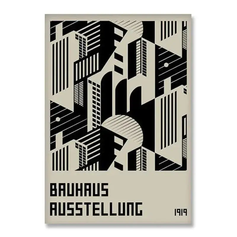Decorbites™ modern black and white bauhaus canvas print featuring minimalist geometric building silhouettes for home decor