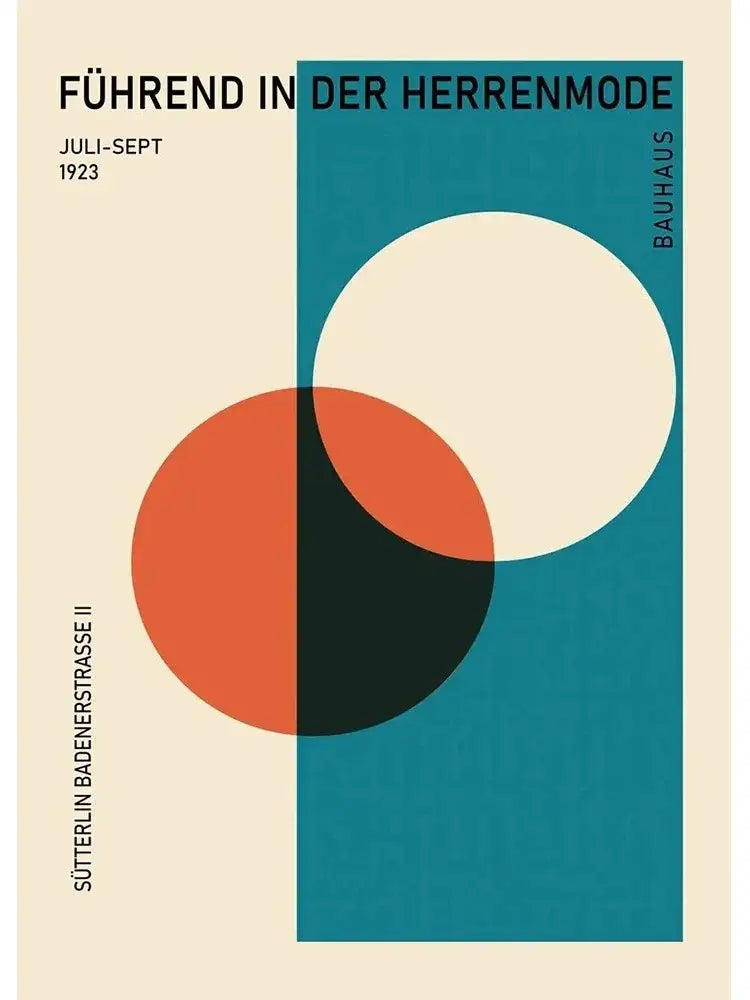 Decorbites™ modern black and white bauhaus canvas print with bold geometric circles in teal orange and cream for home decor