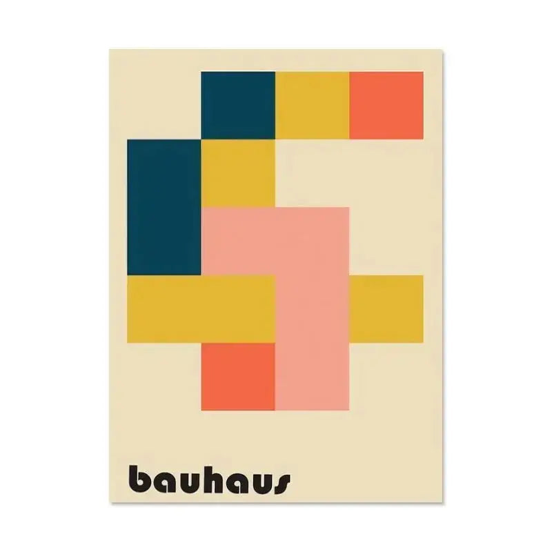 Decorbites™ modern black and white bauhaus canvas print features a minimalist geometric bauhaus canvas print design with navy blue mustard yellow coral orange and soft pink blocks on an off-white background
