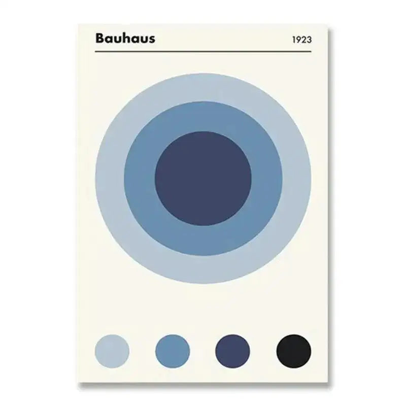 Decorbites™ modern black and white bauhaus canvas print featuring minimalist concentric circles in blue on cream background with swatches