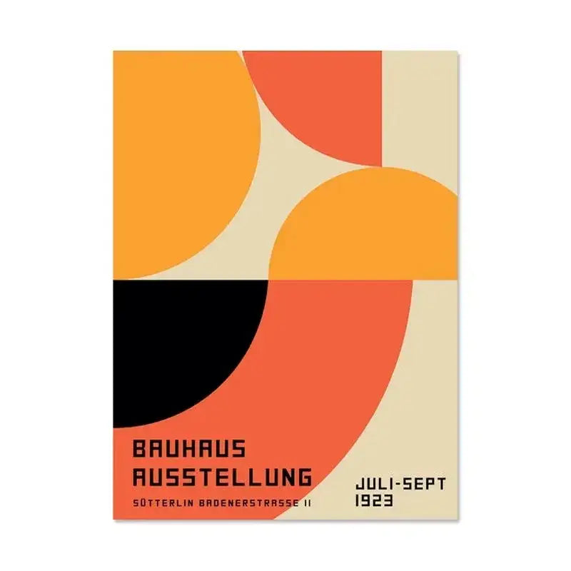Decorbites modern black and white bauhaus canvas print featuring bold orange red and black curved shapes on cream background