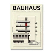 Decorbites modern black and white bauhaus canvas print featuring a minimalist architectural illustration with a red door on cream background