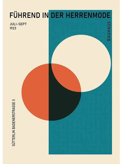 Decorbites™ modern black and white bauhaus canvas print featuring minimalist teal orange and cream geometric circles on beige background