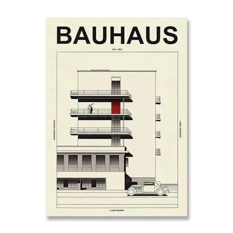 Decorbites™ modern black and white bauhaus canvas print with minimalist architectural illustration and red door on cream background
