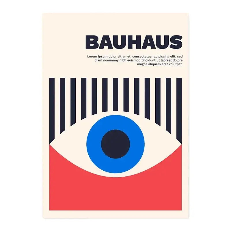 Decorbites modern black and white bauhaus canvas print featuring a minimalist eye with bold blue iris and navy red stripes