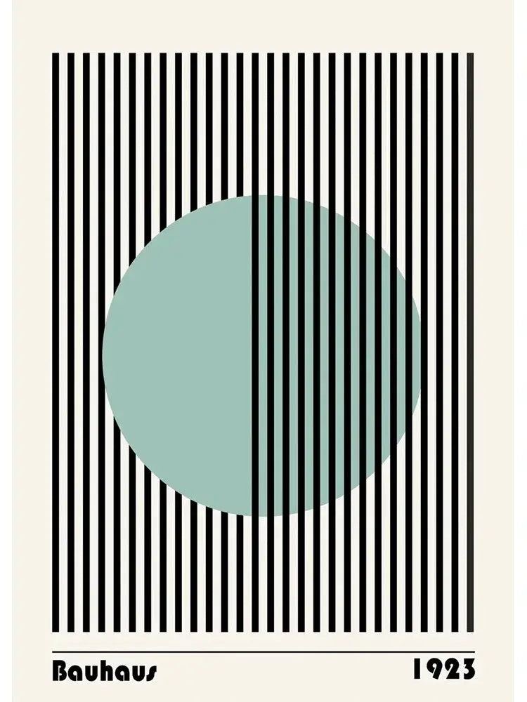 Decorbites™ modern black and white bauhaus canvas print featuring a minimalist teal circle and vertical stripes design