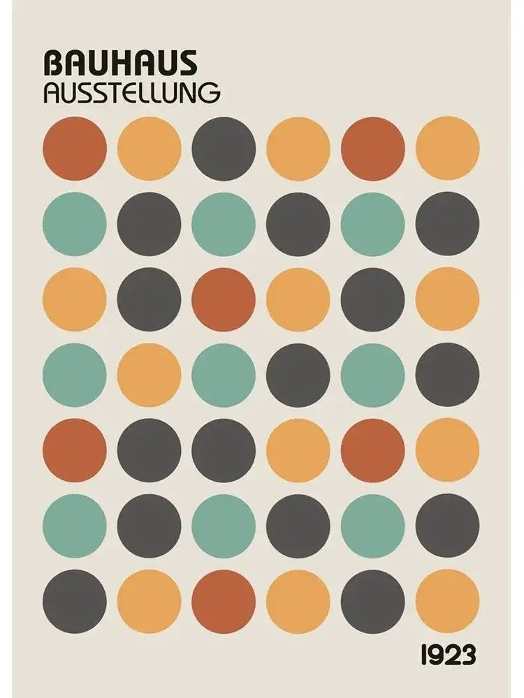 Decorbites™ modern black and white bauhaus canvas print featuring minimalist grid of earthy-toned circles on beige background