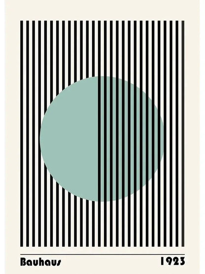 Decorbites™ modern black and white bauhaus canvas print featuring a muted teal circle and bold black stripes with bauhaus 1923 text