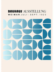 Minimalist white bauhaus canvas print with blue geometric semi circles and text for decor modern wall art