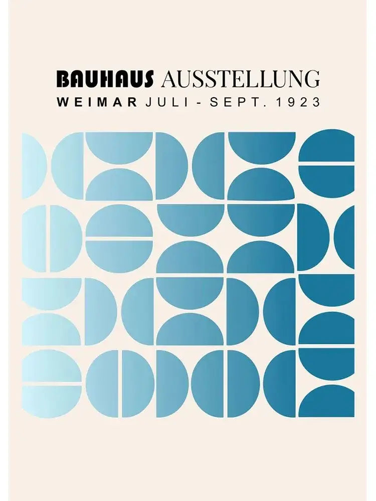 Minimalist white bauhaus canvas print with blue geometric semi circles and text for decor modern wall art