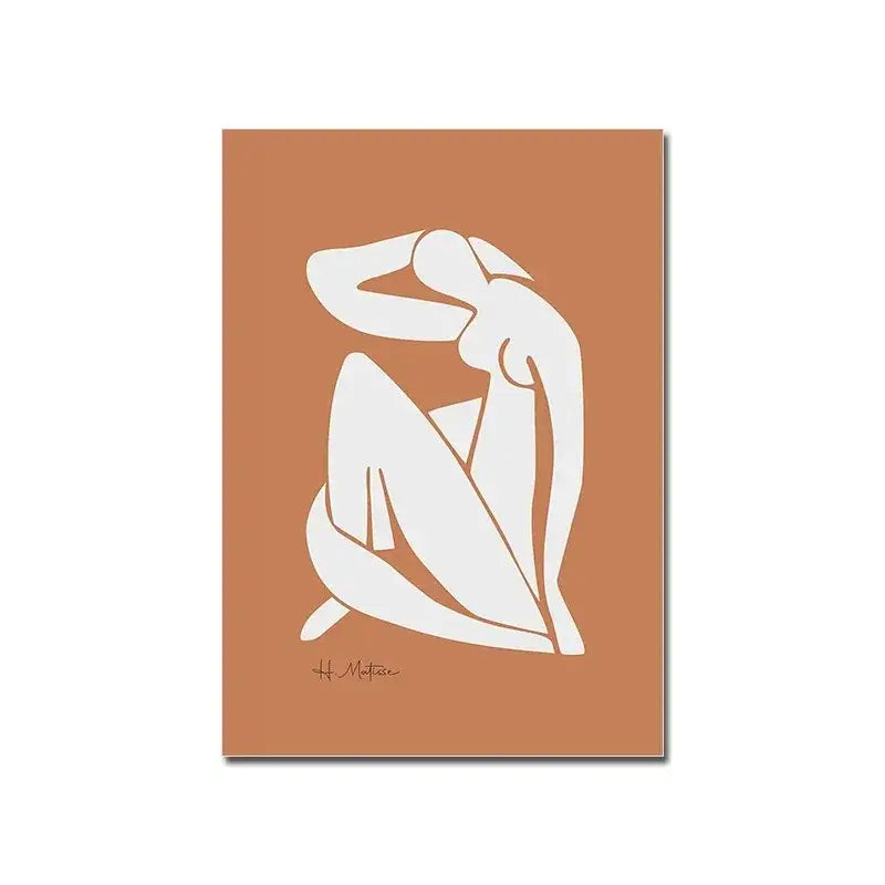 Minimalist white bauhaus canvas print of a seated figure on terracotta background signed by h from decorbites
