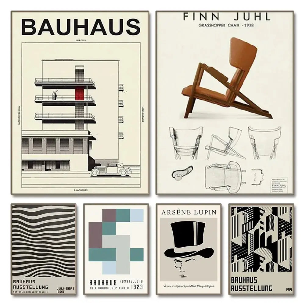 Decorbites™ modern black and white bauhaus canvas print featuring architectural and geometric home decor designs