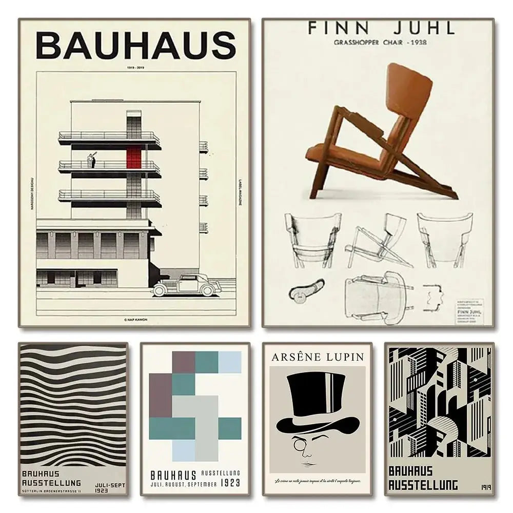 Decorbites™ modern black and white bauhaus canvas print featuring architectural illustrations and abstract geometric designs