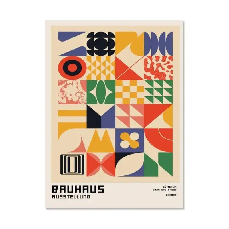 A vibrant decorbites™ canvas print featuring bold colorful geometric shapes in white bauhaus style for home decor