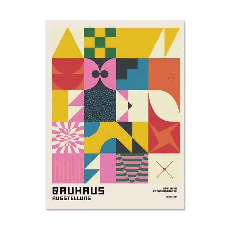 DecorBites™ modern black and white bauhaus canvas print with vibrant geometric shapes in bold colors