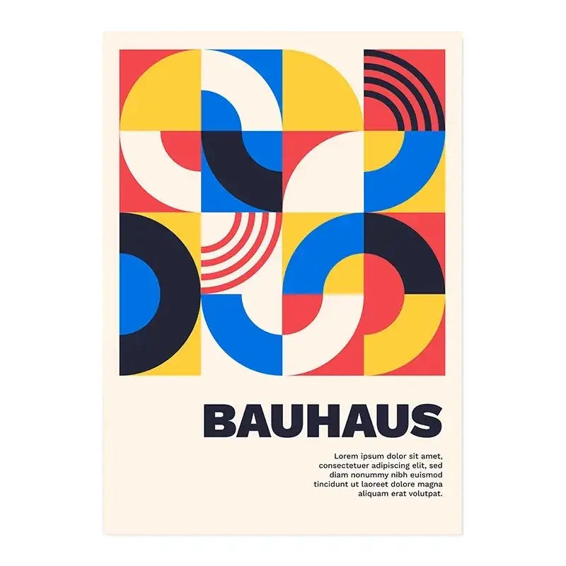 DecorBites™ modern black and white bauhaus canvas print with vibrant red yellow blue geometric shapes on cream background