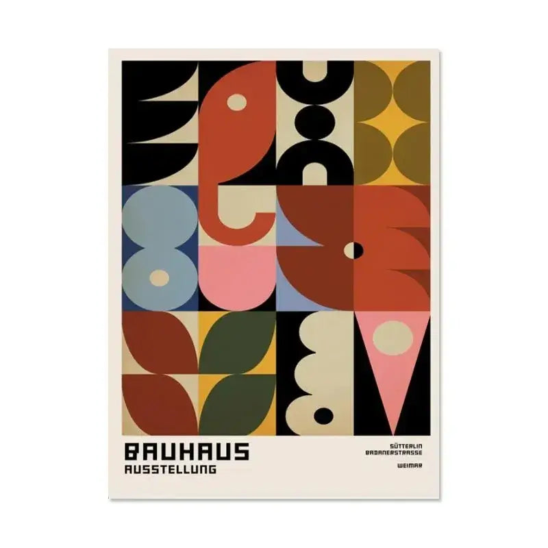 Vibrant bauhaus canvas print with bold geometric shapes in red black beige blue green and yellow for modern home decor