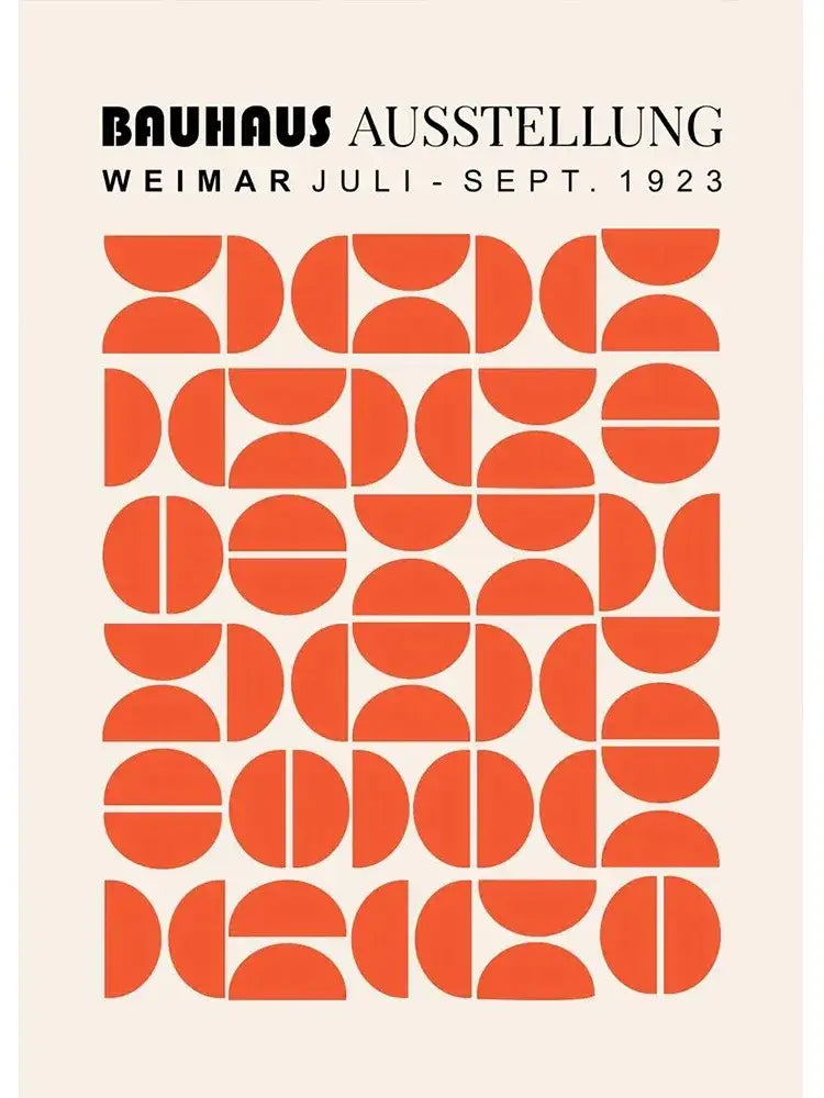 Decorbites modern black and white bauhaus canvas print featuring bold orange semicircles on a cream background
