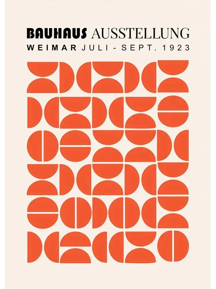 Decorbites™ modern black and white bauhaus canvas print featuring vintage orange geometric semicircles on cream background