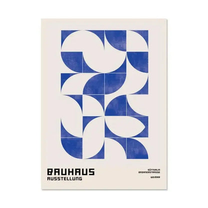 Blue and white geometric bauhaus exhibition canvas print decor on modern white canvas print by DecorBites™