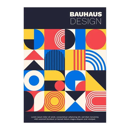 DecorBites™ modern black and white exhibition canvas print with vibrant Bauhaus-inspired geometric shapes in red blue yellow and black