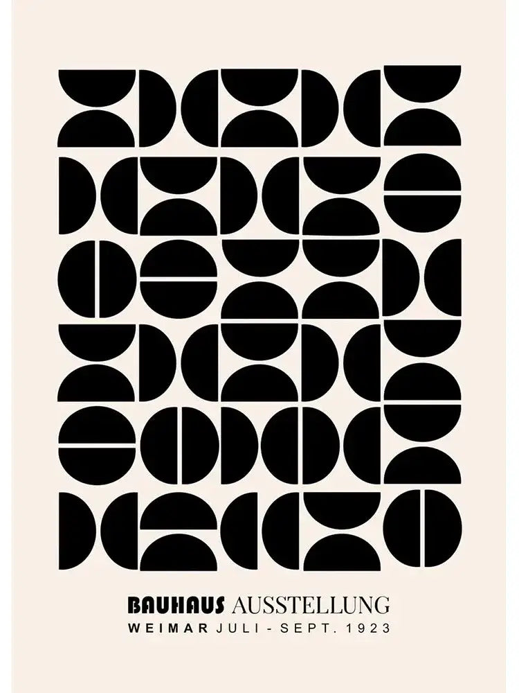 DecorBites™ modern black geometric abstract exhibition canvas print with half and full circles on beige background