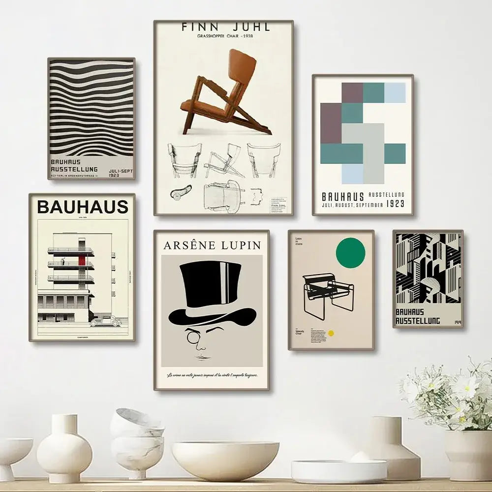 Decorbites™ modern black and white exhibition canvas print featuring six framed bauhaus-inspired geometric posters on beige wall