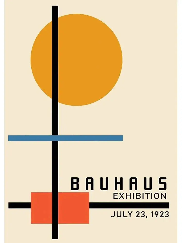 DecorBites™ modern black and white exhibition canvas print with minimalist bauhaus design in orange blue and red on cream background