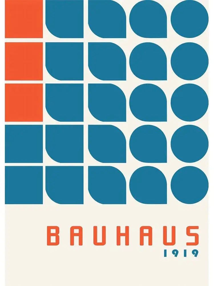 DecorBites modern black and white exhibition canvas print featuring minimalist bauhaus 1919 teal and orange shapes