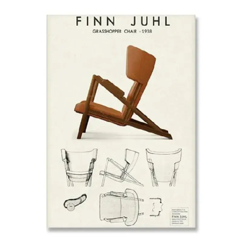 Decorbites modern black and white minimalist canvas print featuring a brown leather grasshopper chair by finn juhl 1938