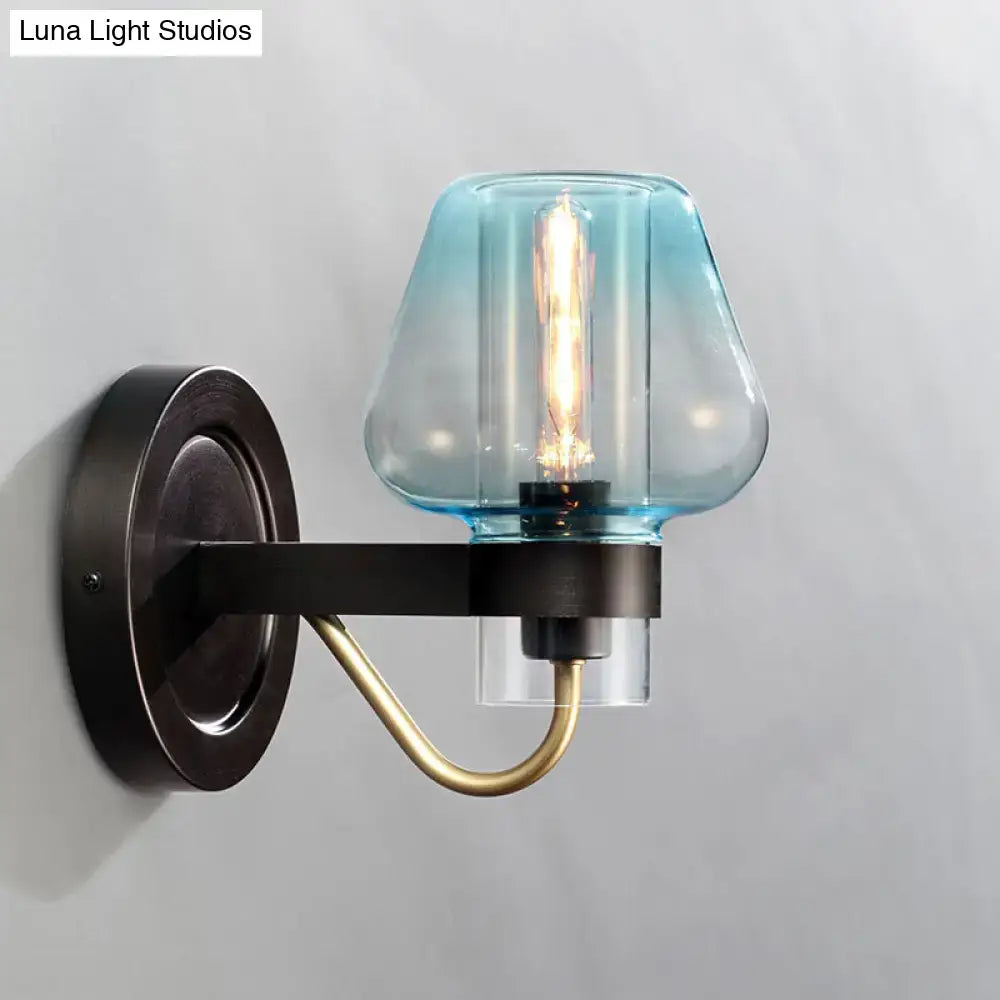 Modern blue glass wall sconce light fixture with tapered shade and black metal base for shade bedroom wall lighting
