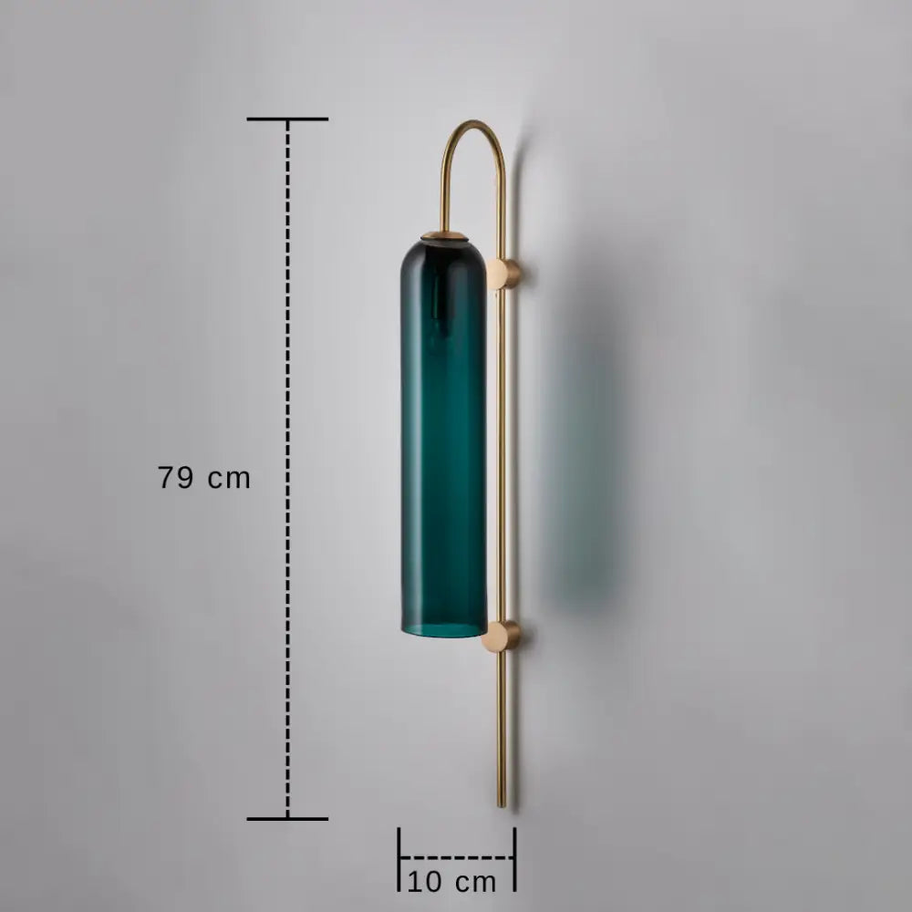 DecorBites™ modern brass wall sconce with a 79 cm tall pine green cylindrical glass shade and polished brass hardware