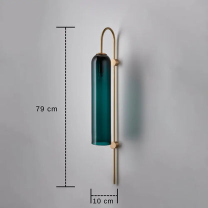 DecorBites™ modern brass wall sconce with a 79 cm tall pine green cylindrical glass shade and polished brass hardware