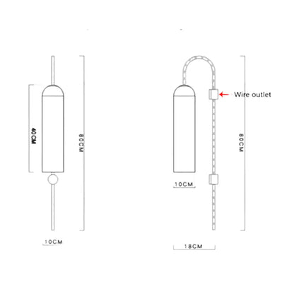 Technical schematic diagram of decorbites™ modern brass wall sconce glass bulb with wire outlet and measurement dimensions