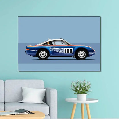 Decorbites modern cartoon racing car canvas wall art featuring blue and white porsche 911 with rothmans branding on light blue wall