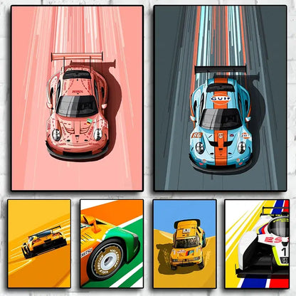 Set of six vibrant cartoon racing car posters featuring porsche 911 and mitsu on dynamic backgrounds by DecorBites™