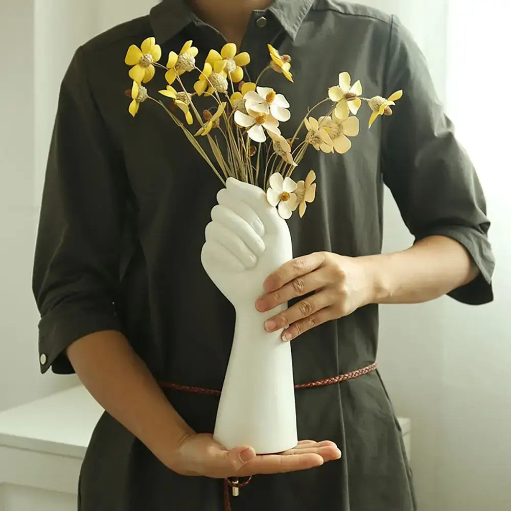 DecorBites™ modern white ceramic arm flower vase shaped like a hand holding flowers for home decor